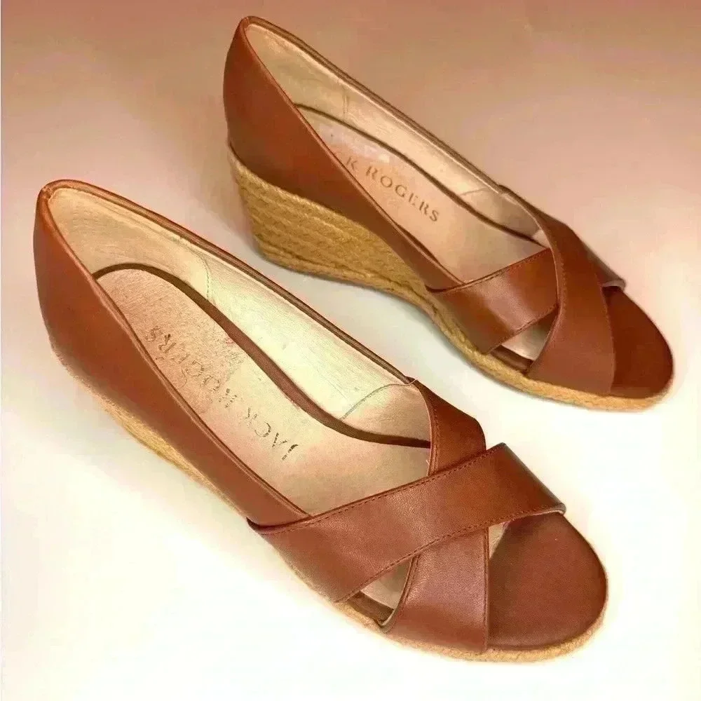 Jack Rogers Womens PALMER Crisscross Wedge Espadrille Heels Mocha Leather SZ-6